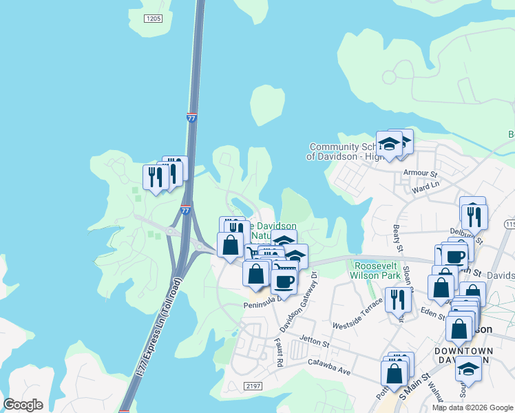 map of restaurants, bars, coffee shops, grocery stores, and more near 622 Harbour Park Drive in Davidson