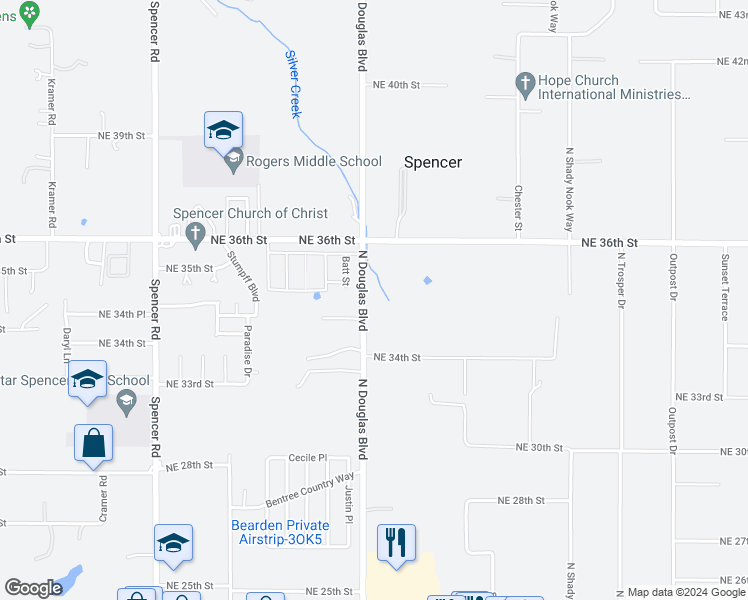 map of restaurants, bars, coffee shops, grocery stores, and more near 3522 North Douglas Boulevard in Spencer
