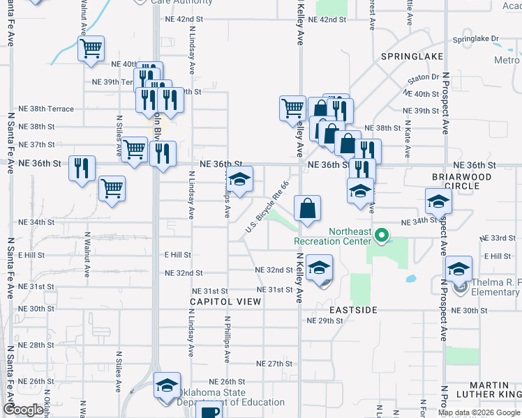 map of restaurants, bars, coffee shops, grocery stores, and more near 3501 Springlake Drive in Oklahoma City