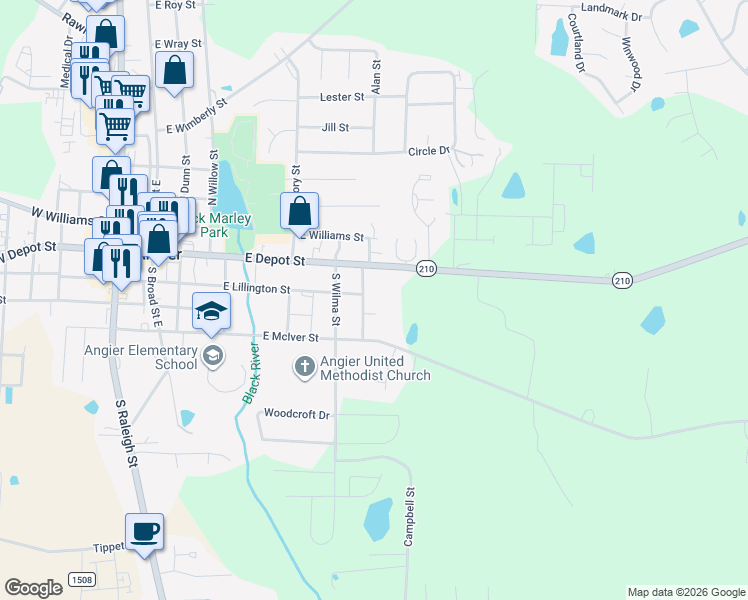 map of restaurants, bars, coffee shops, grocery stores, and more near 122 South Pleasant Street in Angier