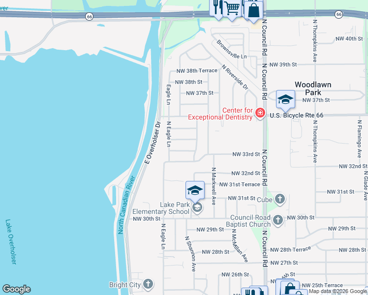 map of restaurants, bars, coffee shops, grocery stores, and more near 8324 Northwest 34th Street in Bethany