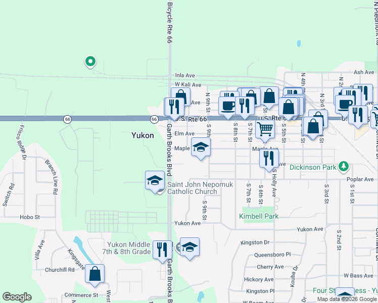 map of restaurants, bars, coffee shops, grocery stores, and more near 300 South 9th Street in Yukon