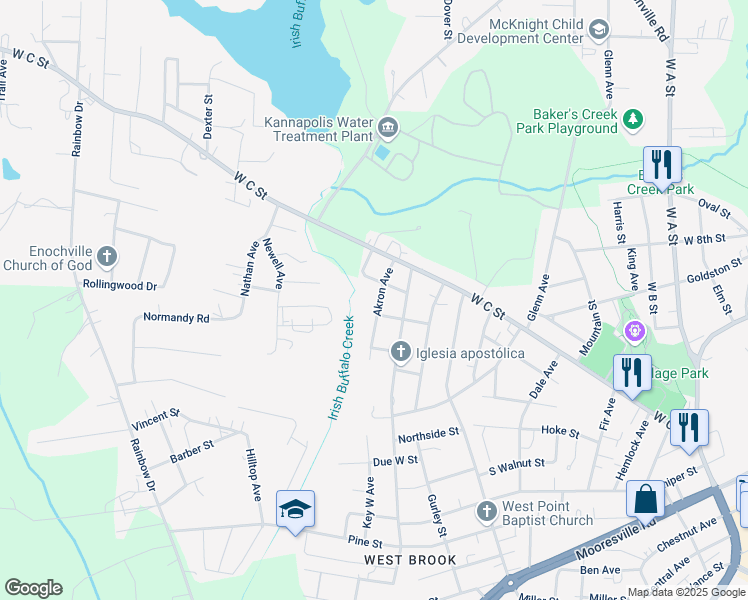 map of restaurants, bars, coffee shops, grocery stores, and more near 112 Akron Avenue in Kannapolis