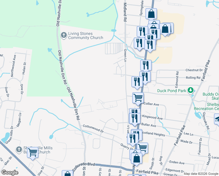map of restaurants, bars, coffee shops, grocery stores, and more near 204 Archery Lane in Shelbyville