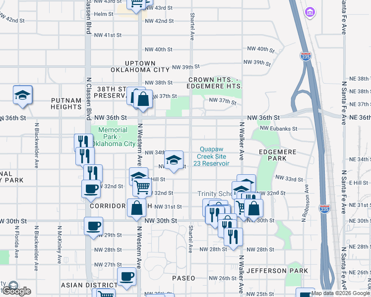 map of restaurants, bars, coffee shops, grocery stores, and more near 800 Northwest 34th Street in Oklahoma City