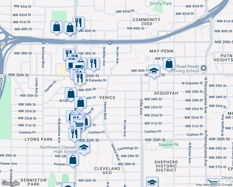 map of restaurants, bars, coffee shops, grocery stores, and more near 2625 Northwest 34th Street in Oklahoma City
