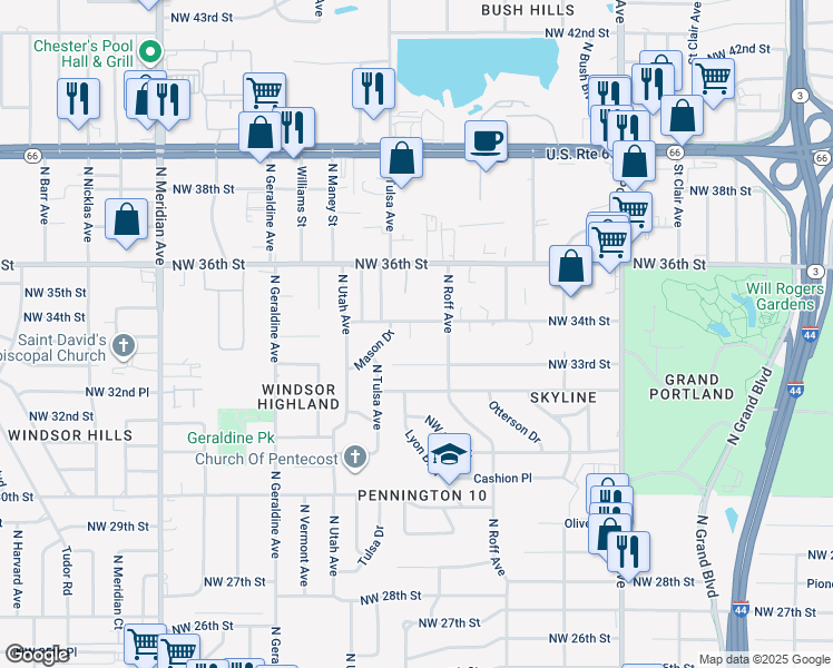 map of restaurants, bars, coffee shops, grocery stores, and more near 4029 Northwest 33rd Street in Oklahoma City