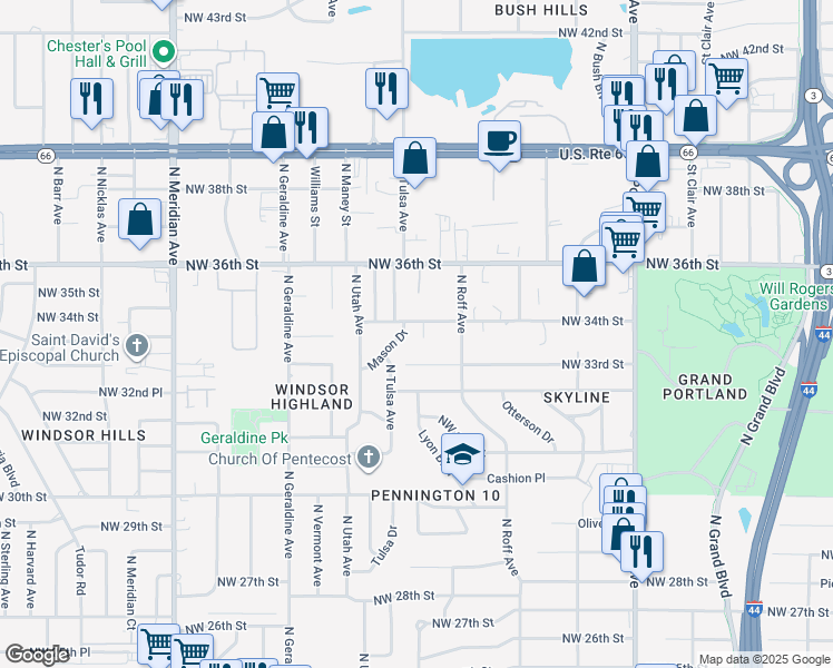 map of restaurants, bars, coffee shops, grocery stores, and more near 4029 Northwest 33rd Street in Oklahoma City