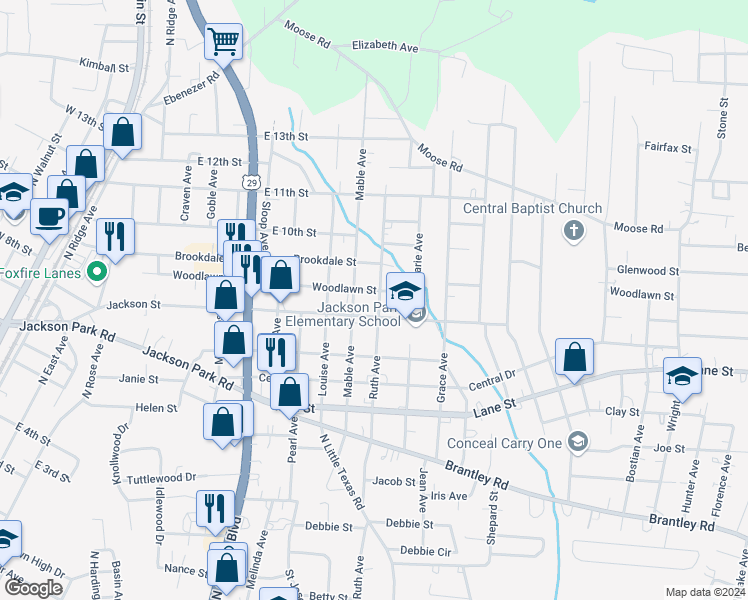 map of restaurants, bars, coffee shops, grocery stores, and more near 801 Ruth Avenue in Kannapolis