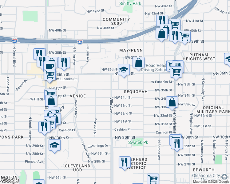 map of restaurants, bars, coffee shops, grocery stores, and more near 2429 Northwest 34th Street in Oklahoma City
