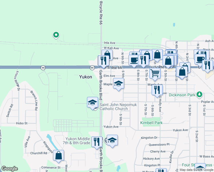 map of restaurants, bars, coffee shops, grocery stores, and more near 1023 West Oak Drive in Yukon