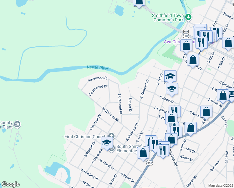 map of restaurants, bars, coffee shops, grocery stores, and more near 708 South Crescent Drive in Smithfield