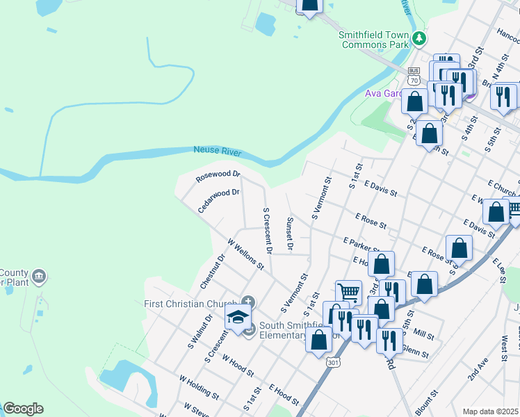 map of restaurants, bars, coffee shops, grocery stores, and more near 708 South Crescent Drive in Smithfield