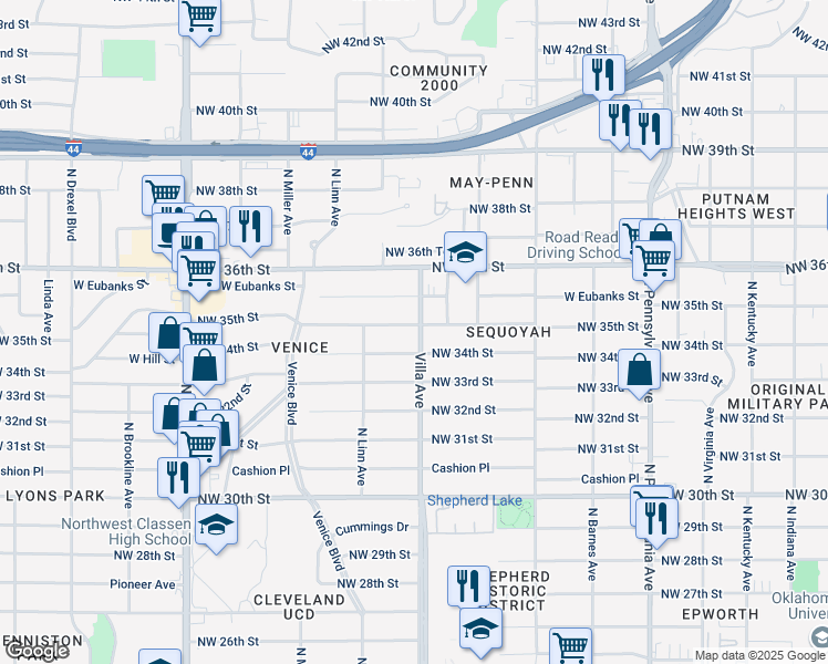 map of restaurants, bars, coffee shops, grocery stores, and more near 2502 Northwest 35th Street in Oklahoma City