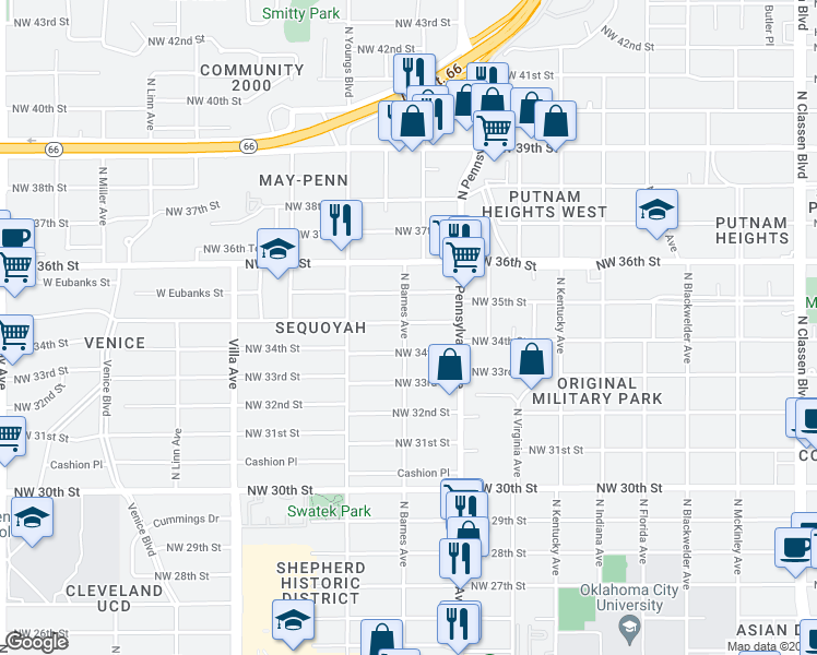 map of restaurants, bars, coffee shops, grocery stores, and more near 2144 Northwest 35th Street in Oklahoma City