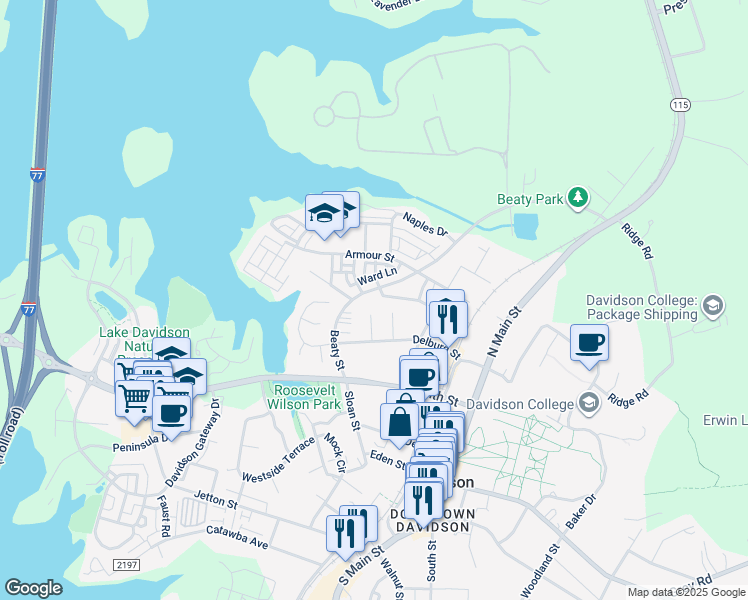 map of restaurants, bars, coffee shops, grocery stores, and more near 530 Beaty Street in Davidson