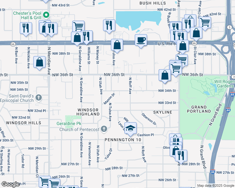 map of restaurants, bars, coffee shops, grocery stores, and more near 4029 Northwest 33rd Street in Oklahoma City