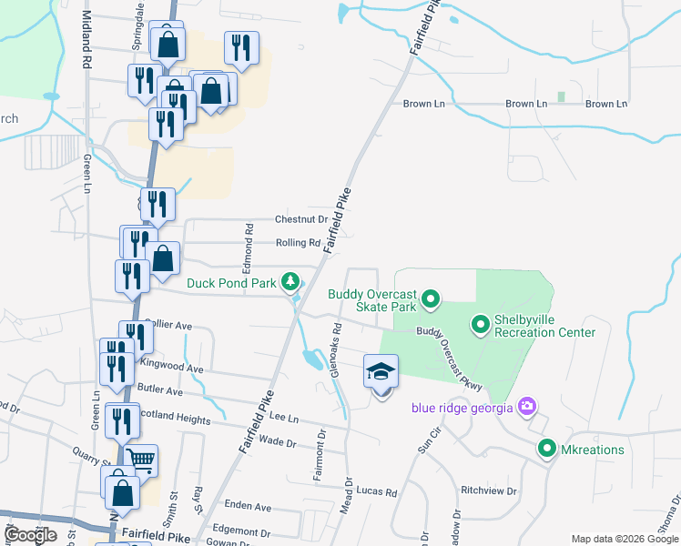 map of restaurants, bars, coffee shops, grocery stores, and more near 1307 Glenoaks Road in Shelbyville