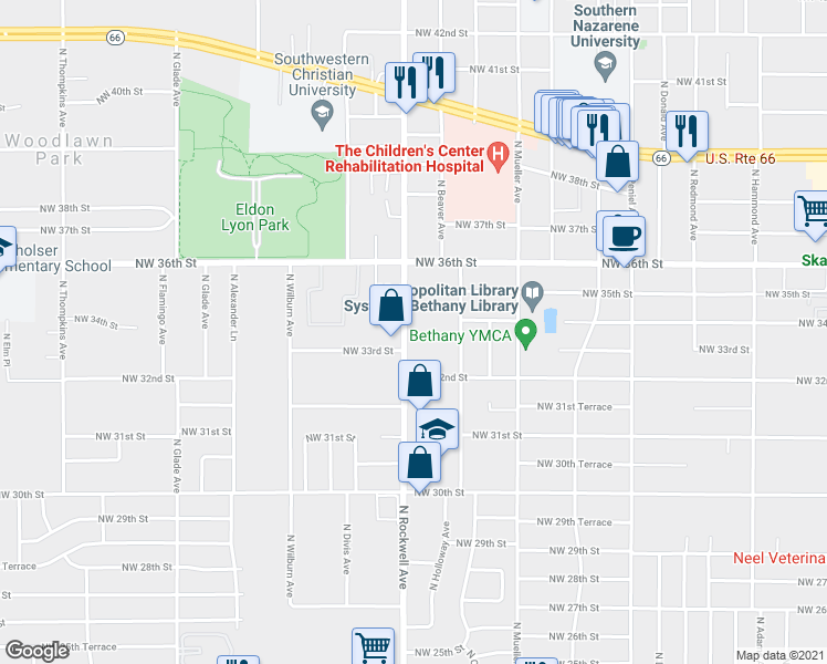 map of restaurants, bars, coffee shops, grocery stores, and more near 3406 North Rockwell Avenue in Bethany