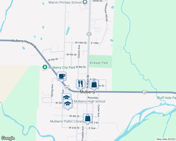 map of restaurants, bars, coffee shops, grocery stores, and more near 770 North Main Street in Mulberry
