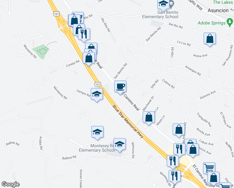 map of restaurants, bars, coffee shops, grocery stores, and more near 3100 El Camino Real in Atascadero