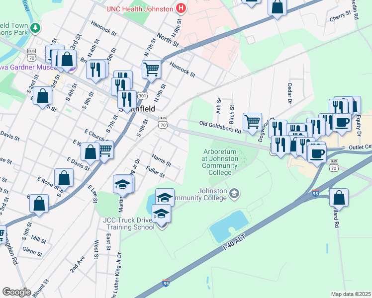 map of restaurants, bars, coffee shops, grocery stores, and more near 1209 Massey Street in Smithfield