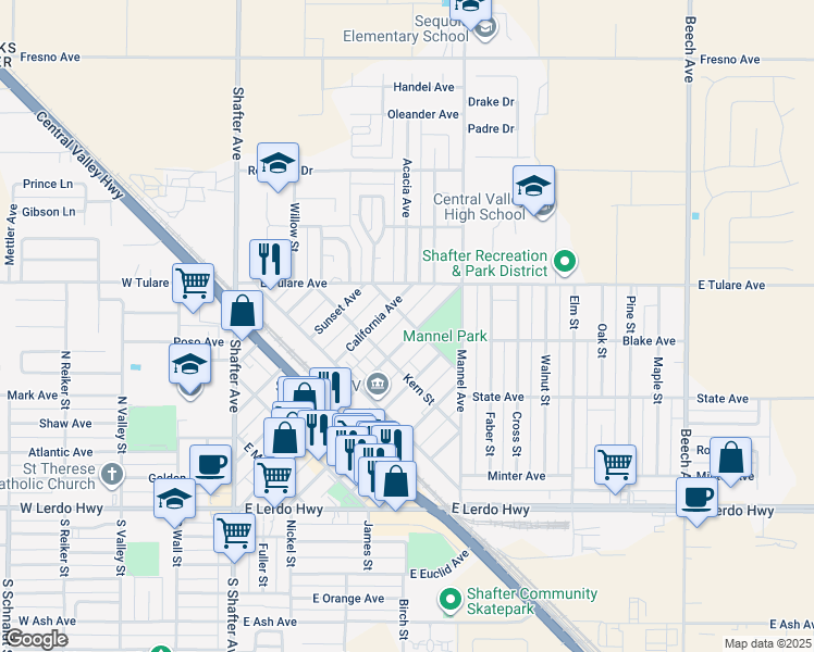 map of restaurants, bars, coffee shops, grocery stores, and more near 515 Calloway Street in Shafter