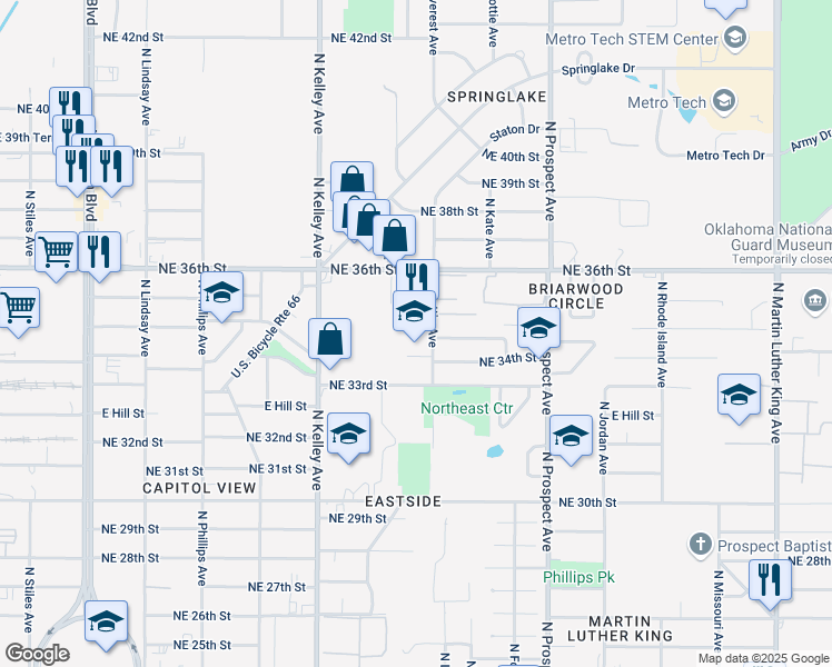 map of restaurants, bars, coffee shops, grocery stores, and more near 1224 Northeast 34th Street in Oklahoma City
