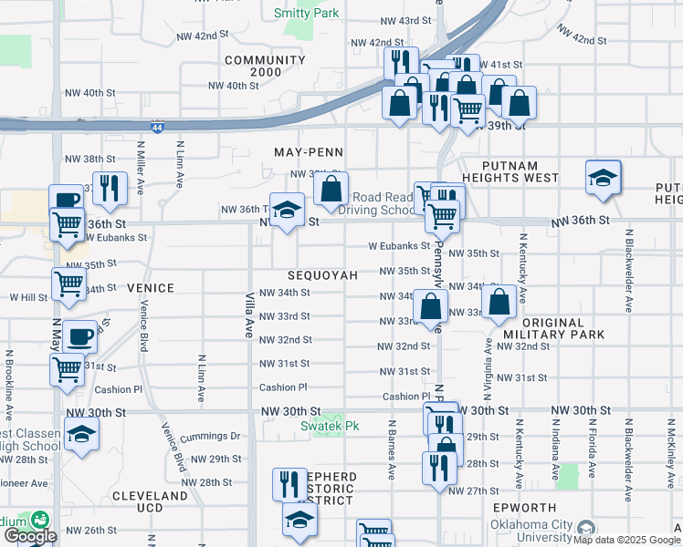 map of restaurants, bars, coffee shops, grocery stores, and more near 2305 Northwest 34th Street in Oklahoma City