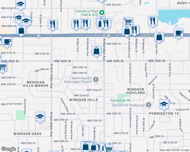 map of restaurants, bars, coffee shops, grocery stores, and more near 4512 Northwest 33rd Street in Oklahoma City