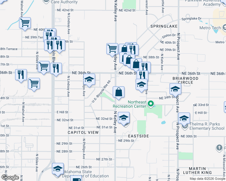 map of restaurants, bars, coffee shops, grocery stores, and more near 929 Northeast 35th Street in Oklahoma City