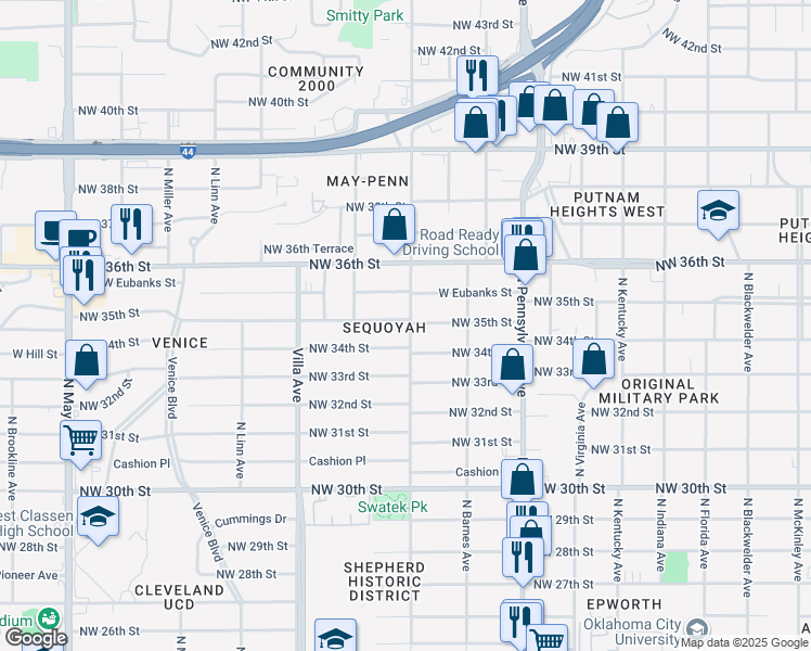 map of restaurants, bars, coffee shops, grocery stores, and more near 2305 Northwest 34th Street in Oklahoma City