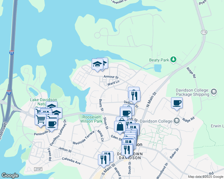 map of restaurants, bars, coffee shops, grocery stores, and more near 532 Beaty Street in Davidson