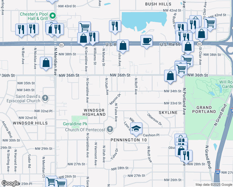 map of restaurants, bars, coffee shops, grocery stores, and more near 4106 Northwest 34th Street in Oklahoma City
