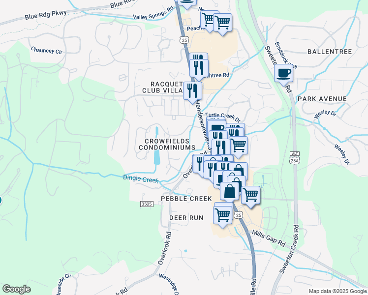 map of restaurants, bars, coffee shops, grocery stores, and more near 201 Crowfields Drive in Asheville