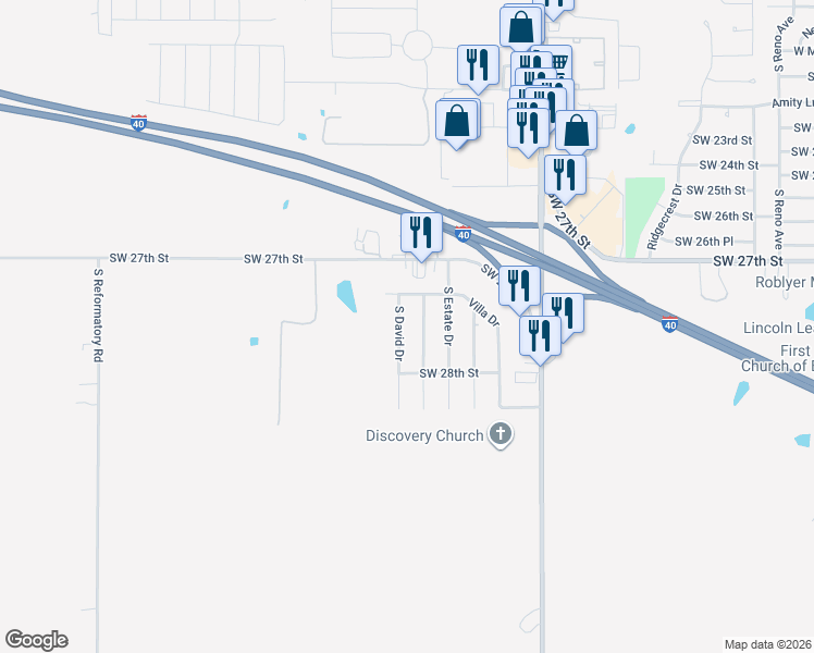 map of restaurants, bars, coffee shops, grocery stores, and more near 2708 South David Drive in El Reno