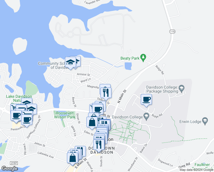 map of restaurants, bars, coffee shops, grocery stores, and more near 221 Armour Street in Davidson