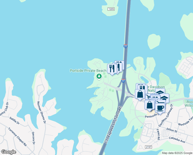 map of restaurants, bars, coffee shops, grocery stores, and more near 654 Portside Drive in Davidson