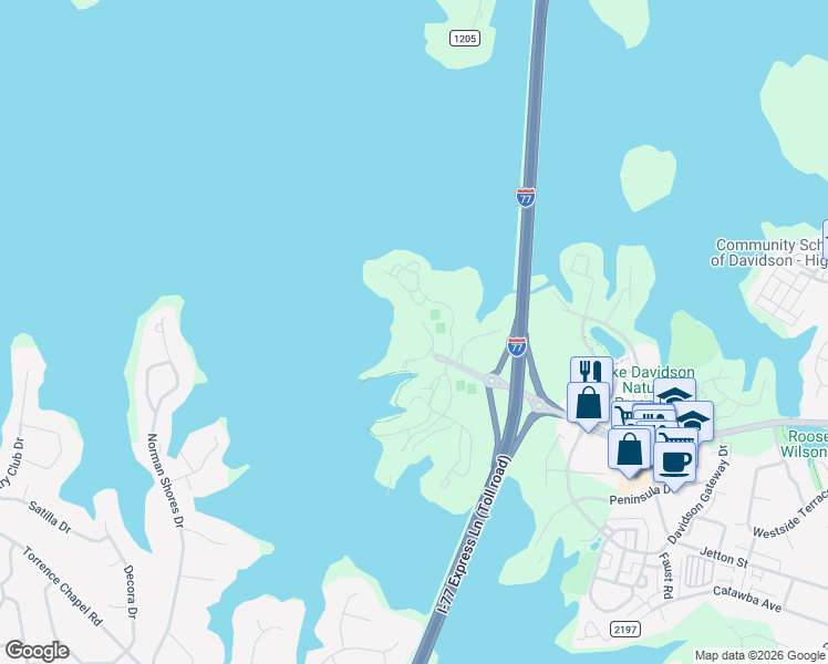 map of restaurants, bars, coffee shops, grocery stores, and more near 667 Portside Drive in Davidson