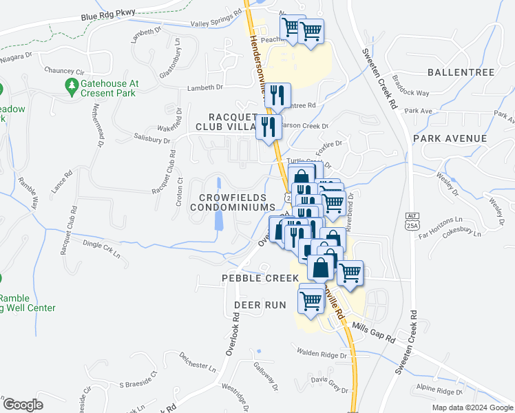 map of restaurants, bars, coffee shops, grocery stores, and more near 201 Crowfields Drive in Asheville