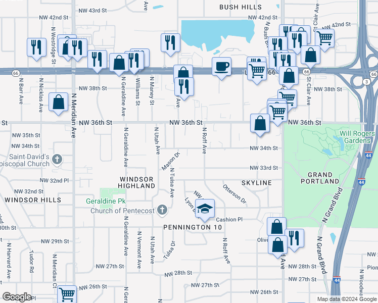 map of restaurants, bars, coffee shops, grocery stores, and more near 4022 Northwest 34th Street in Oklahoma City