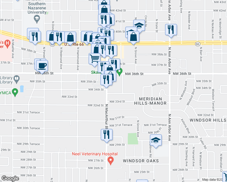 map of restaurants, bars, coffee shops, grocery stores, and more near 3528 North Macarthur Boulevard in Oklahoma City