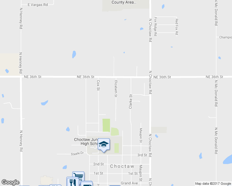 map of restaurants, bars, coffee shops, grocery stores, and more near 3513 Elizabeth Street in Choctaw