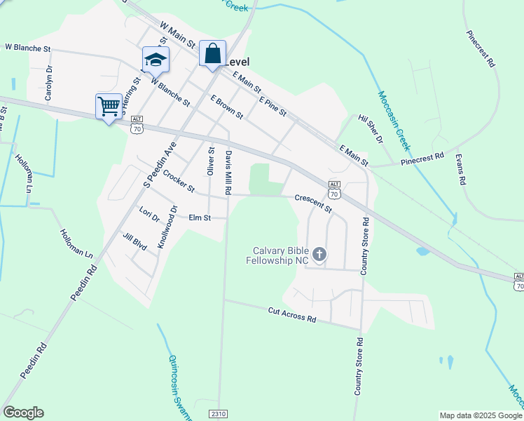 map of restaurants, bars, coffee shops, grocery stores, and more near Crescent Street in Pine Level