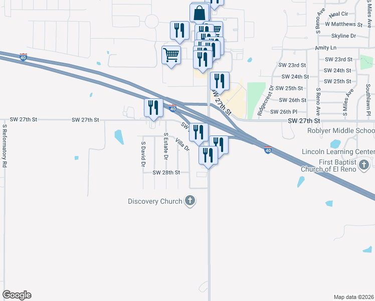 map of restaurants, bars, coffee shops, grocery stores, and more near 1707 Southwest 27th Street in El Reno
