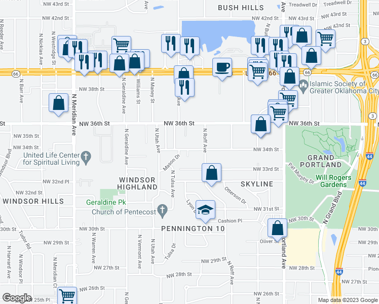 map of restaurants, bars, coffee shops, grocery stores, and more near 4022 Northwest 34th Street in Oklahoma City