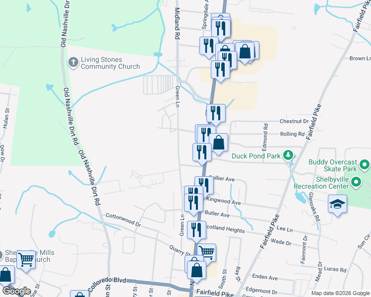 map of restaurants, bars, coffee shops, grocery stores, and more near 1504 Green Lane in Shelbyville