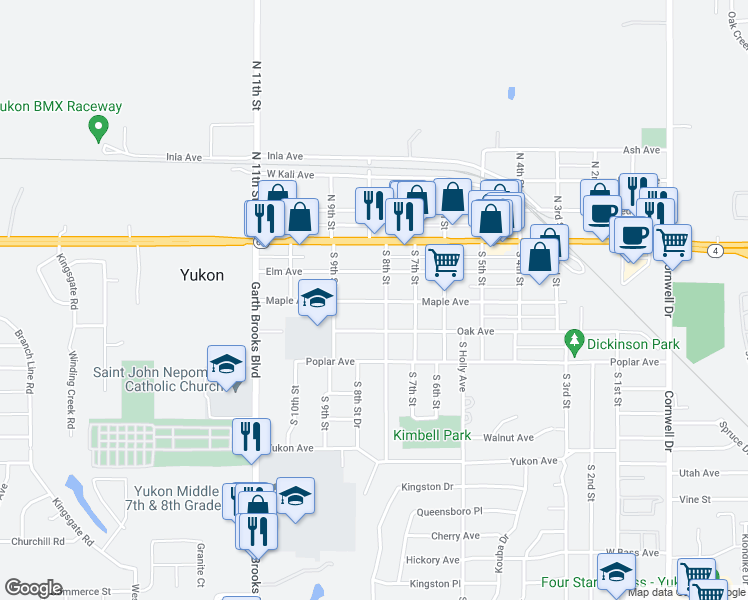 map of restaurants, bars, coffee shops, grocery stores, and more near 807 Maple Avenue in Yukon