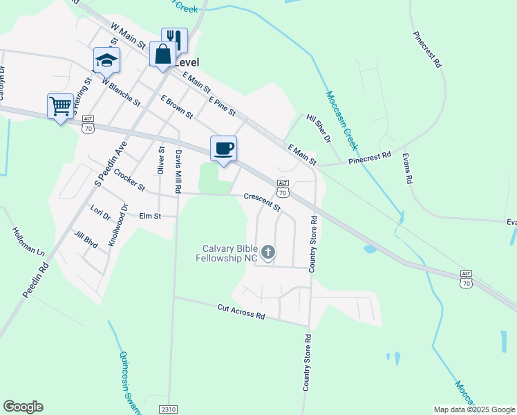 map of restaurants, bars, coffee shops, grocery stores, and more near 115 Dogwood Lane in Pine Level