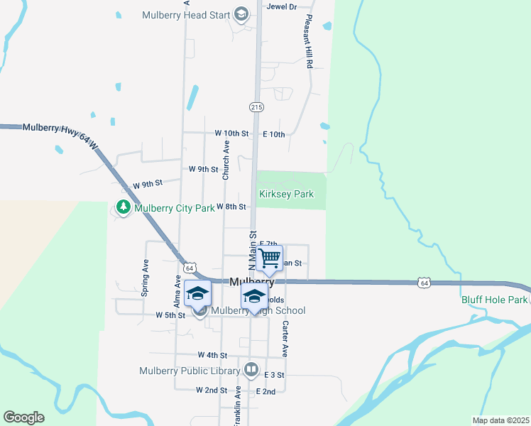 map of restaurants, bars, coffee shops, grocery stores, and more near 770 North Main Street in Mulberry